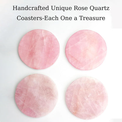 Rose Quartz Coasters Round Set of 4 - Natural Pink Crystal Stone Drink Coasters 4" with Rubber Bumpers for Home Decor, Wedding Gift, Vanity Tray