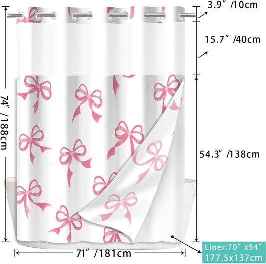 Cute Pink Bow No Hook Shower Curtain Set with Snap in Fabric Liner for Bathroom,with See Through Top Window,Double Shower Curtain with Detachable Liner Replacement,Machine Washable,71"x 74"