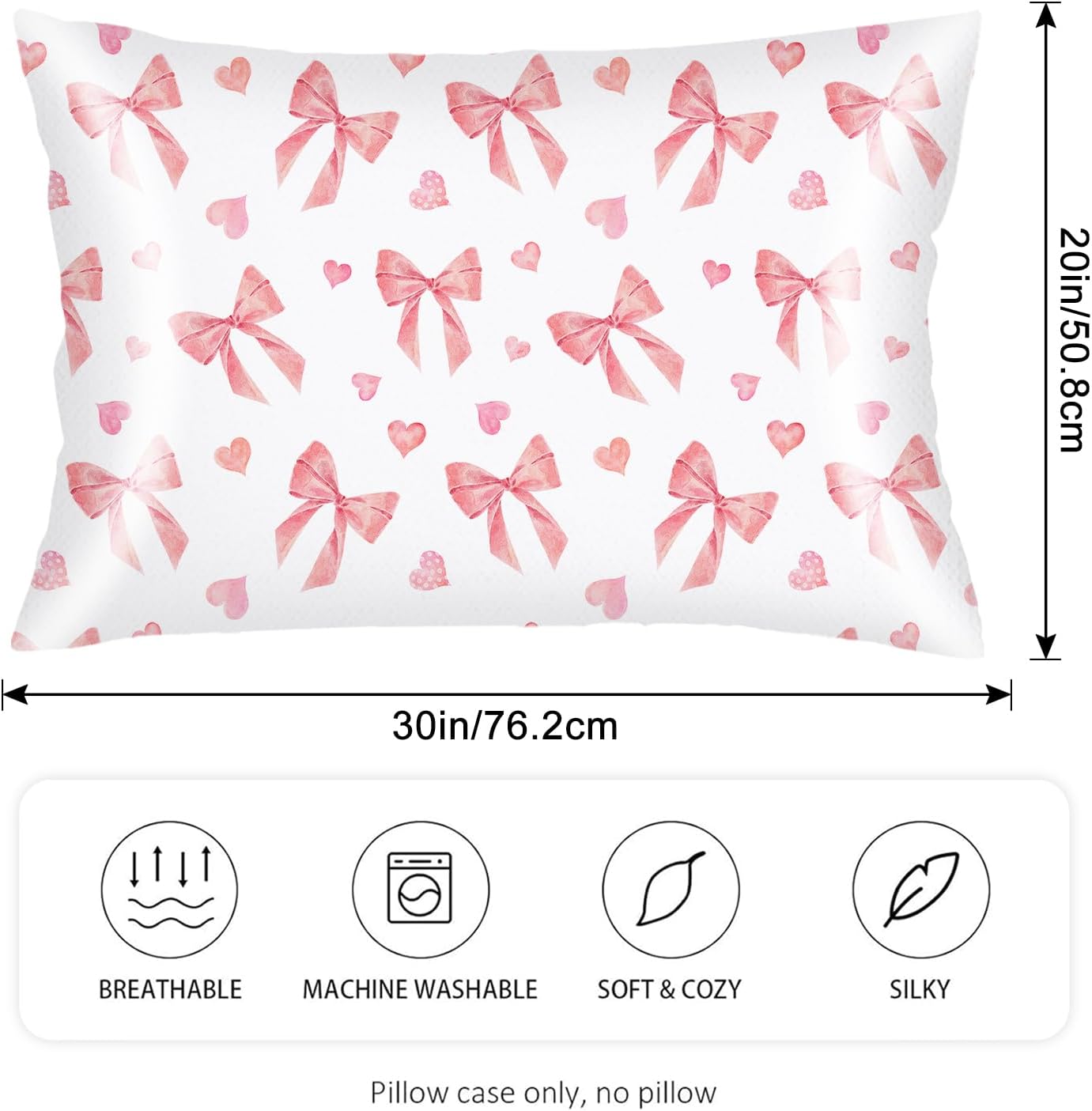 Pink Ribbon Bow Silk Satin Pillowcase for Hair and Skin,Throw Pillow Cover Queen Size Pillowcases Envelope Closure,Rectangle Pillow Covers Decorative Cushion Cases for Bed,Sofa,20"x30",Peach