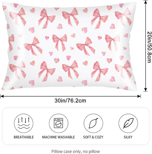 Pink Ribbon Bow Silk Satin Pillowcase for Hair and Skin,Throw Pillow Cover Queen Size Pillowcases Envelope Closure,Rectangle Pillow Covers Decorative Cushion Cases for Bed,Sofa,20"x30",Peach