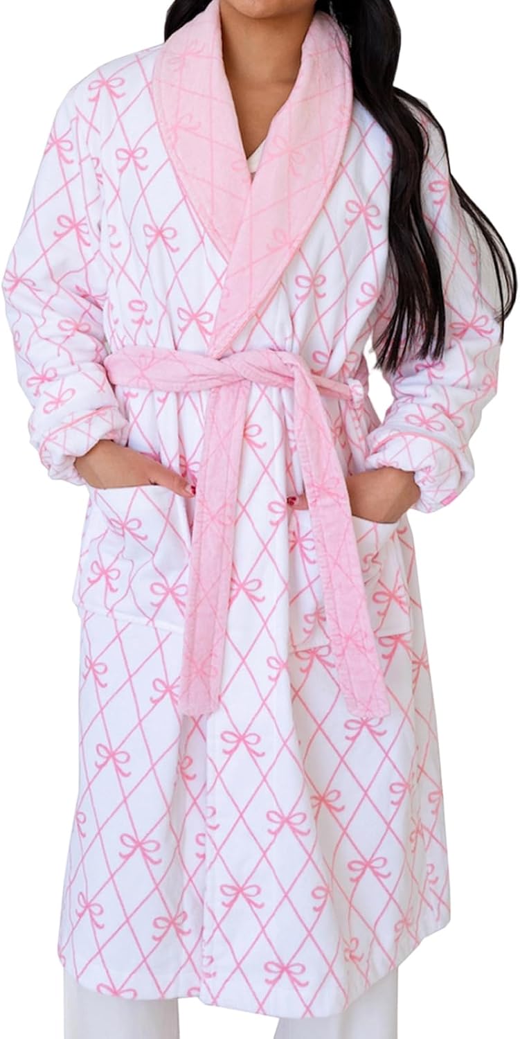 VISGOGO Bow Robes For Women Robe Lightweight Short Women Bathrobe Soft Ladies Cute Bathrobe With Pocket Pink And White