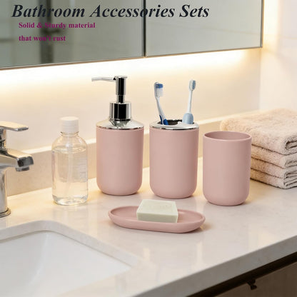 Matte Pink Bathroom Accessories Set, 4 Piece Plastic Bathroom Toothbrush Holder Set, Include Soap Dispenser, Toothbrush Holder, Rinse Cup, Soap Dish, Boho Pink Bathroom Decor for Home, Bathroom Set