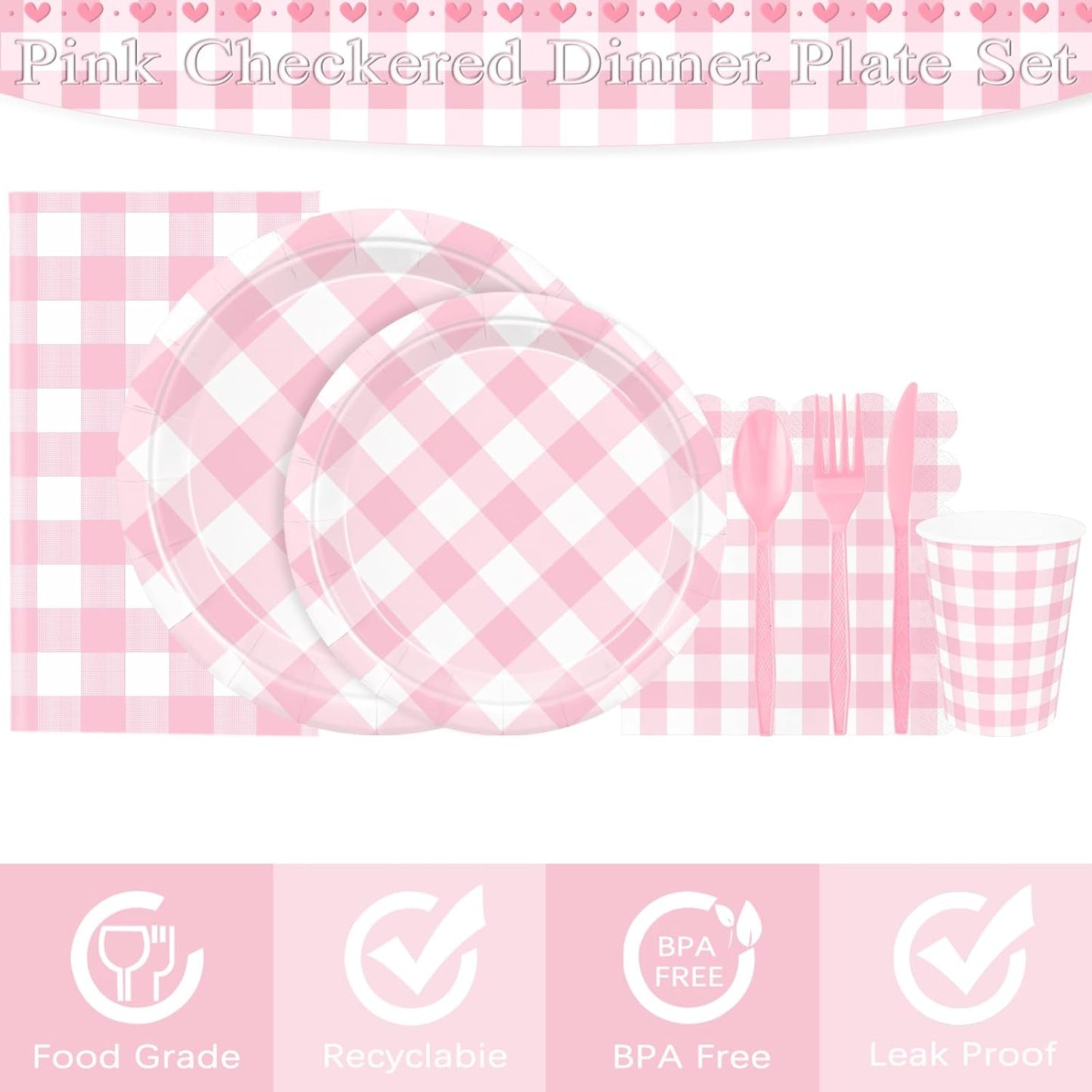 176 PCS Light Pink Gingham Round Plates and Napkins, Pink Checkered Disposable Plates Set with Napkins Cups Plastic Spoons Forks Knives for Dinner Birthday Baby Shower Wedding Supplies Serve 25 Guests