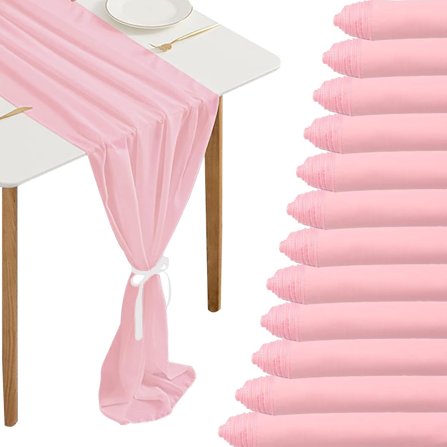 Fivenl 12 Packs Chiffon Table Runner - 27 x 120 Inches Sheer, Romantic for Wedding, Birthday, Party & Baby Shower Decoration (27" x 120", Pink)