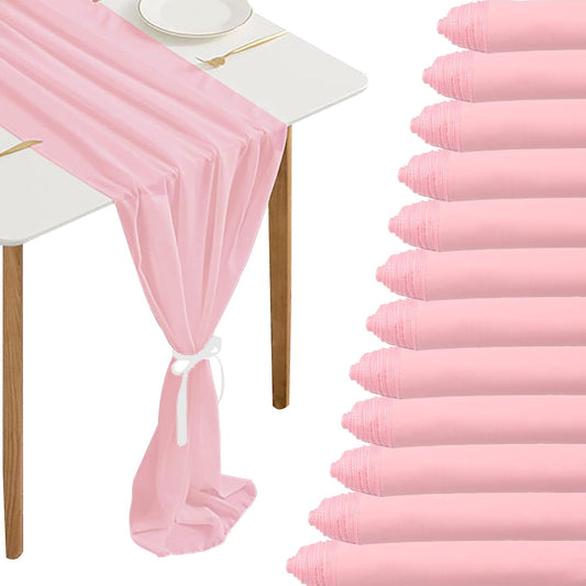 Fivenl 12 Packs Chiffon Table Runner - 27 x 120 Inches Sheer, Romantic for Wedding, Birthday, Party & Baby Shower Decoration (27" x 120", Pink)