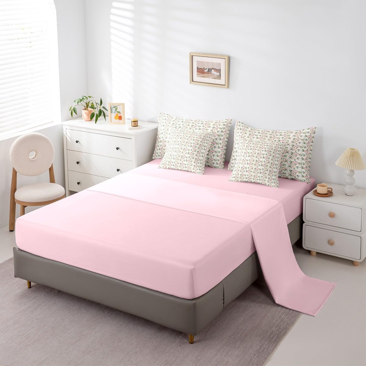 Erosebridal Flower 7 Piece Bedding Set Twin Rose Comforter Set with Sheets Peach Blossom Kawaii Ribbon Bow Bed in a Bag Princess Girly Leaves Floral Theme for Kids Girls Women