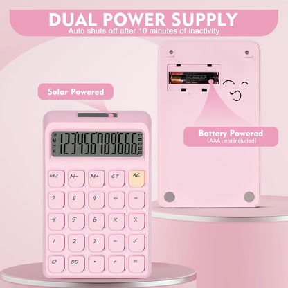 Cute Calculator, Calculators Desktop, Pink Calculator Big Buttons, Solar and Battery Dual Power, 12-Digits Large LCD Display, Desk Calculators for Office Home School Basic Business (Pink)