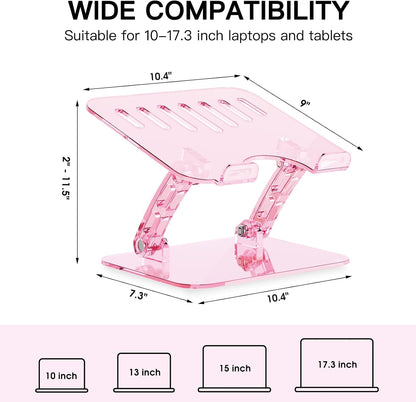 Pink Acrylic Adjustable Laptop Stand,Adjustable Height Foldable Laptop Riser for Desk, Clear Portable Laptop Holder Ergonomic Computer Stand,Compatible with 10-17.3” Laptops (Pink)