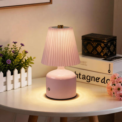 Small Bedside Lamp Rechargeable Table Lamp, Touch Lamps for Nightstand 3 Color Stepless Dimming, Metal Base Pleated, for Bedside, Bedroom, Dining Room, Living Room (Pink)