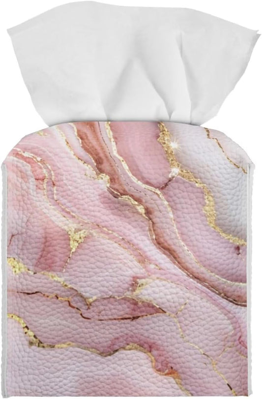 Jeiento Pink Marble Cute Tissue Box Cover Modern Tissue Case Facial Paper Organizers Dispenser 5.1x5.5Inch PU Tissue Boxes for Desk Decor