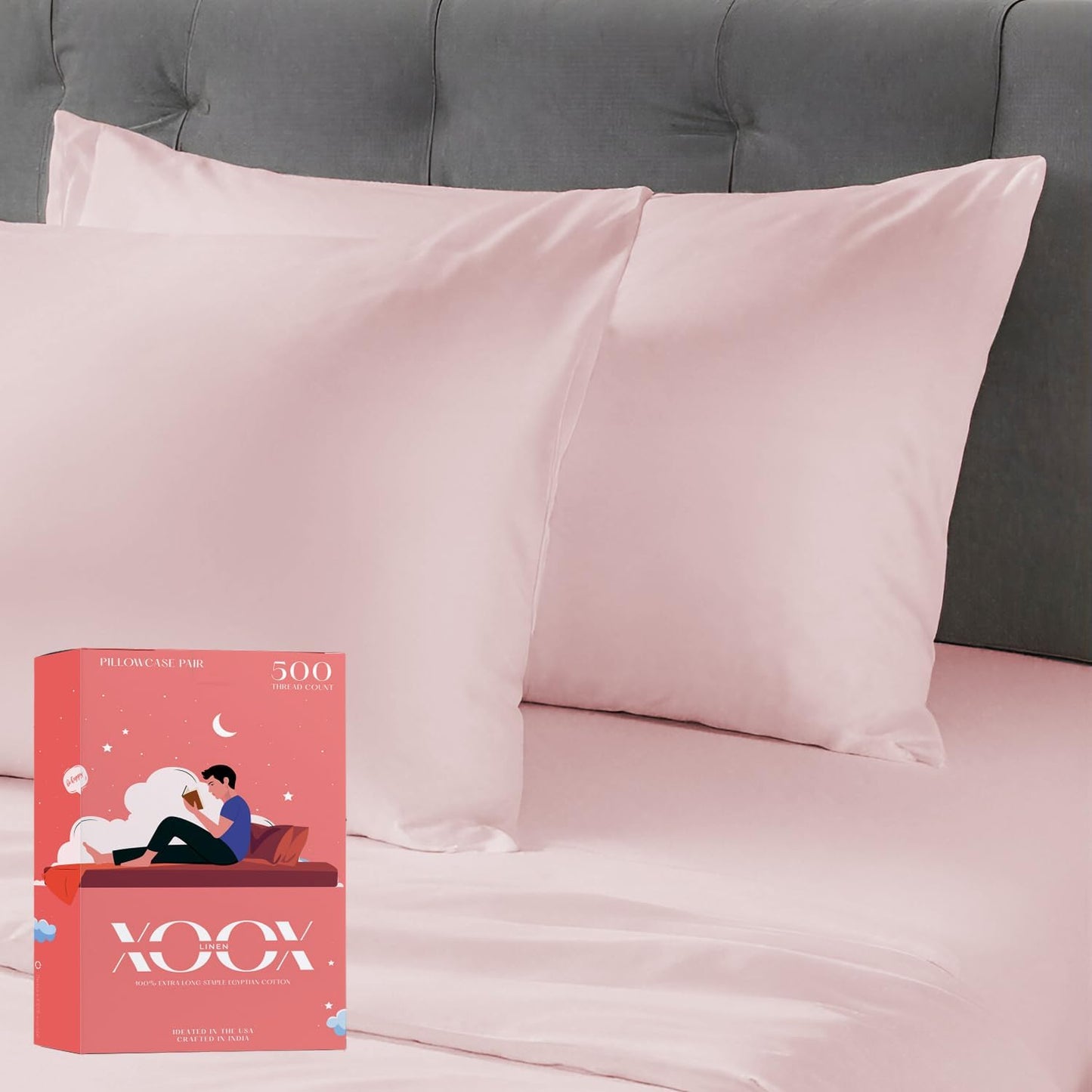 XOOX Linen Cotton Queen Size Pillowcase Set of 2 - Luxury 500 Thread Count Egyptian Cotton Pillowcases Standard Size (Blush), Soft, Cooling & Breathable, Sateen Weave Hotel Quality Pillowcover