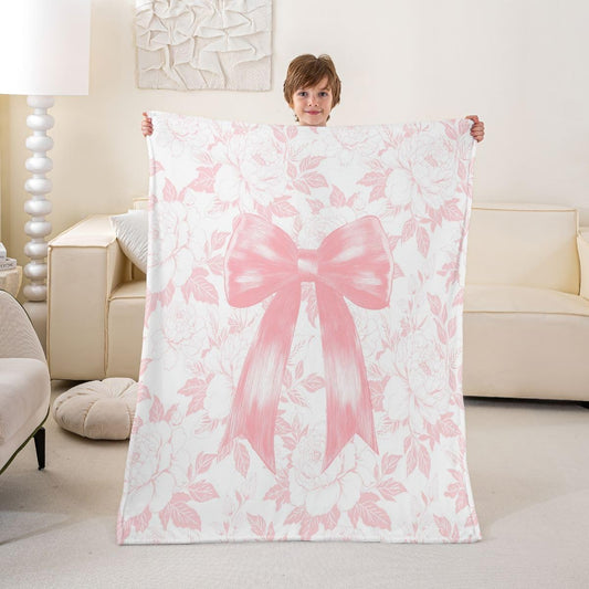 Preppy Coquette Bows Bed Blankets Room Decor 30x40 inches Watercolor Flowers Fuzzy Blanket for Sofa Couch Dreamy Princess Style Flannel Fleece Blanket for Kids Boys Girls All Season,Peach Pink