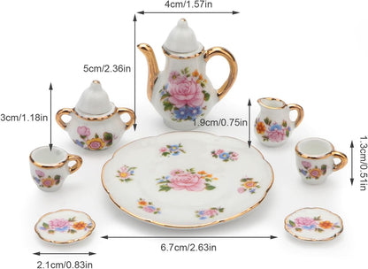 Cutemini 1:6 Scale Miniature Porcelain Dollhouse Tea Cup Sets 8PCS Flower Pattern Teapot Platter Dish Sets Dollhouse Kitchen Supplies Decoration (Light Pink)