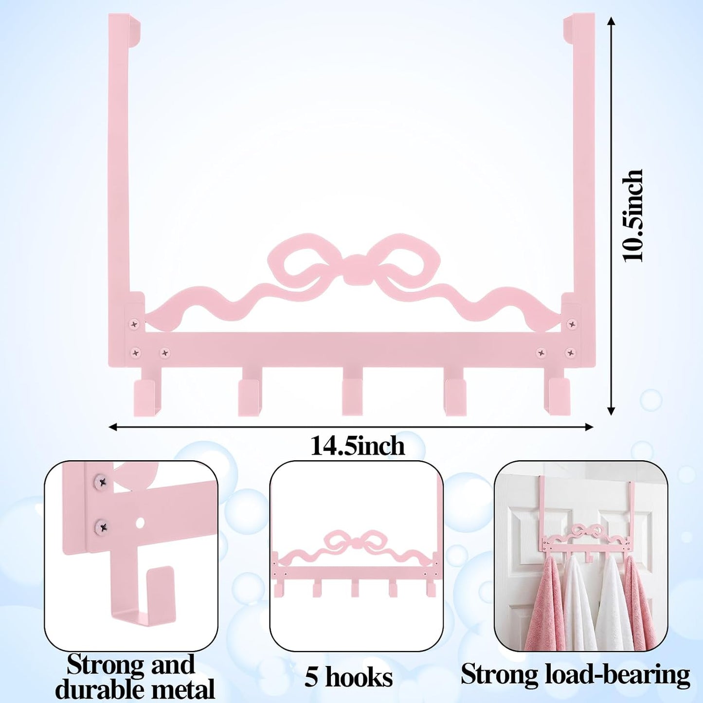 Kathfly Cute Pink Bow Over the Door Hooks Towel Hooks Heavy Duty Hanging Towel Rack Over Door Hanger, 5 Coat Hanger for Bedroom Bathroom Kitchen