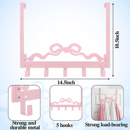 Kathfly Cute Pink Bow Over the Door Hooks Towel Hooks Heavy Duty Hanging Towel Rack Over Door Hanger, 5 Coat Hanger for Bedroom Bathroom Kitchen
