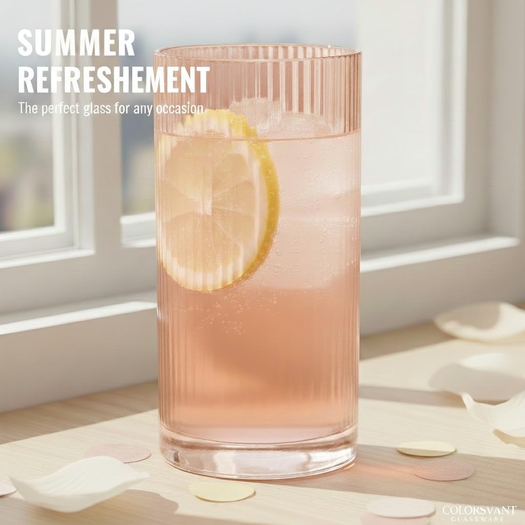 Physkoa Peach Ribbed Drinking Glasses Set of 6 – Vintage Embossed Highball Glassware, Thick Premium Tumbler Cups for Water, Cocktails, Iced Coffee, Modern Kitchen Bar Gift Set