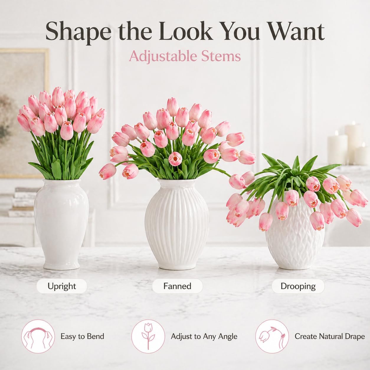 MACTING 30 PCS Artificial Tulip Flowers 13.7" Real Touch Fake PU Tulips Bouquet Faux Flowers for Floral Arrangements Table Centerpieces Kitchen Indoor Home Mothers Day Decorations,Peach Pink