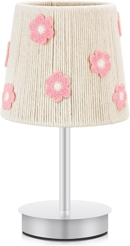 Glooglitter Spring Pink Flower Table Lamp 3 Colors Kawaii Decorative Desk Bedside Fabric Lamp Preppy Boho Floral LED with Shade Farmhouse Rustic Nightstand for Women Gifts Nursery Bedroom Dorm
