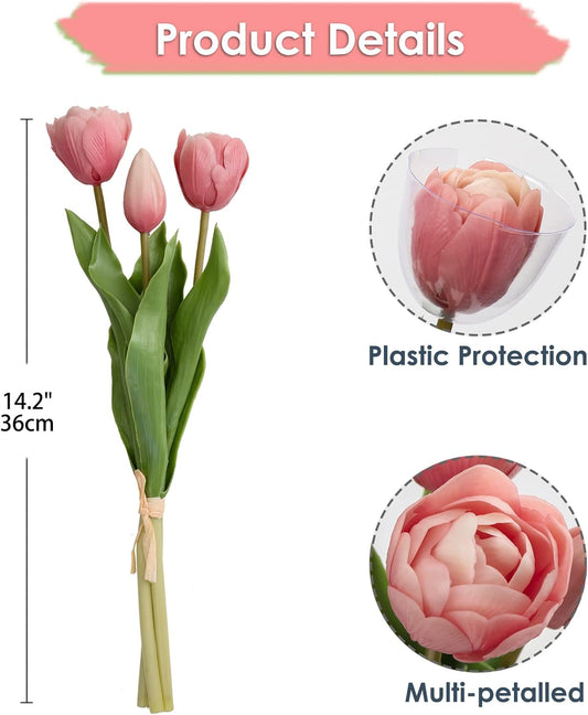 DILATATA 6 Pcs Artificial Tulips Flowers Pink Real Touch Fake Latex Tulips Flowers for Mother's Day 14" Faux Tulips Faux Flowers for Vase Centerpieces Home Wedding Bouquet