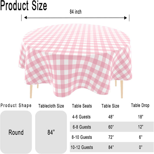 4 Pack Checkered Tablecloth，Plastic Table Cloth Disposable，84 Inch Round Gingham Tablecloth for Parties - Pink