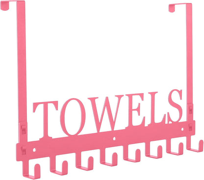 Azmoncy Over The Door Hooks - Wall Mount Towel Hanger with 8 Hooks for Bedroom Bathroom Pool Kitchen Towels, Bag, Coats - Pink