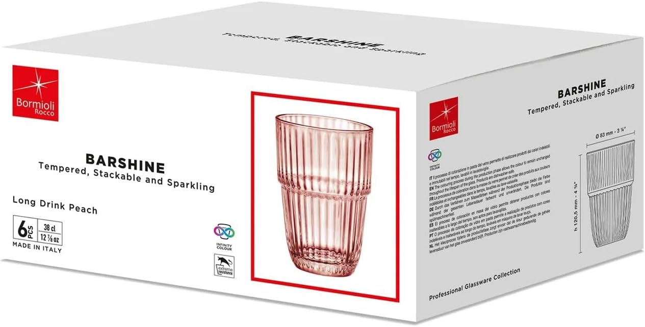 Bormioli Rocco Barshine 12.88 oz. Long Drink Stackable Tempered Drinking Glasses, Set of 6, Peach