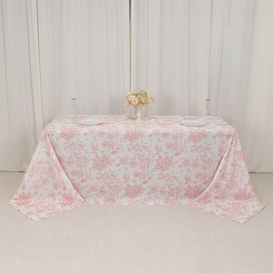 90x132 inch Rectangular Tablecloth White Pink French Toile Polyester Vintage Pastoral Floral Rustic Table Cloth Washable Table Cover for Indoor & Outdoor, Farmhouse Decor, Picnic, Tabletop Decoration