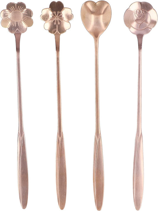 Coffee Spoon Mixing Spoon Desert Scoop Elegant High End Handle Stainless Steel Flower Heart Shaped Tea Spoon for Home Kitchen Coffee Shop Restaurant Party 4PCS Set (Pink Gold)