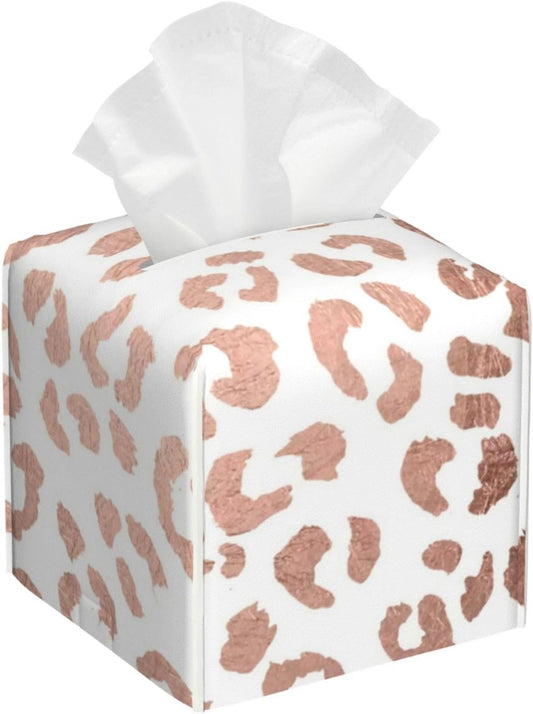 Tissue Box Cover Stylish Hand Drawn Rose Gold Leopard Print Modern PU Leather Square Tissue Box Holder - Decorative Organizer for Bathroom Vanity Countertop Night Stands Office Desk & Car