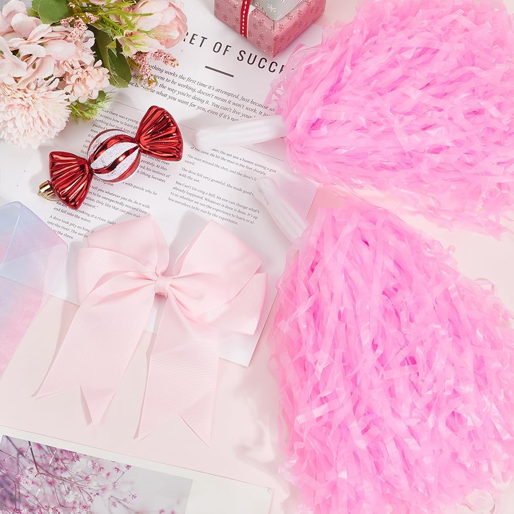 CREATCABIN 4Pcs Cheerleading Pom Poms Large Cheerleader Hair Bow Pink Plastic Cheer Pompoms Cheerleading Accessories with Handle for Team Spirit Sports Dance Cheering Party Basketball Football Rooters