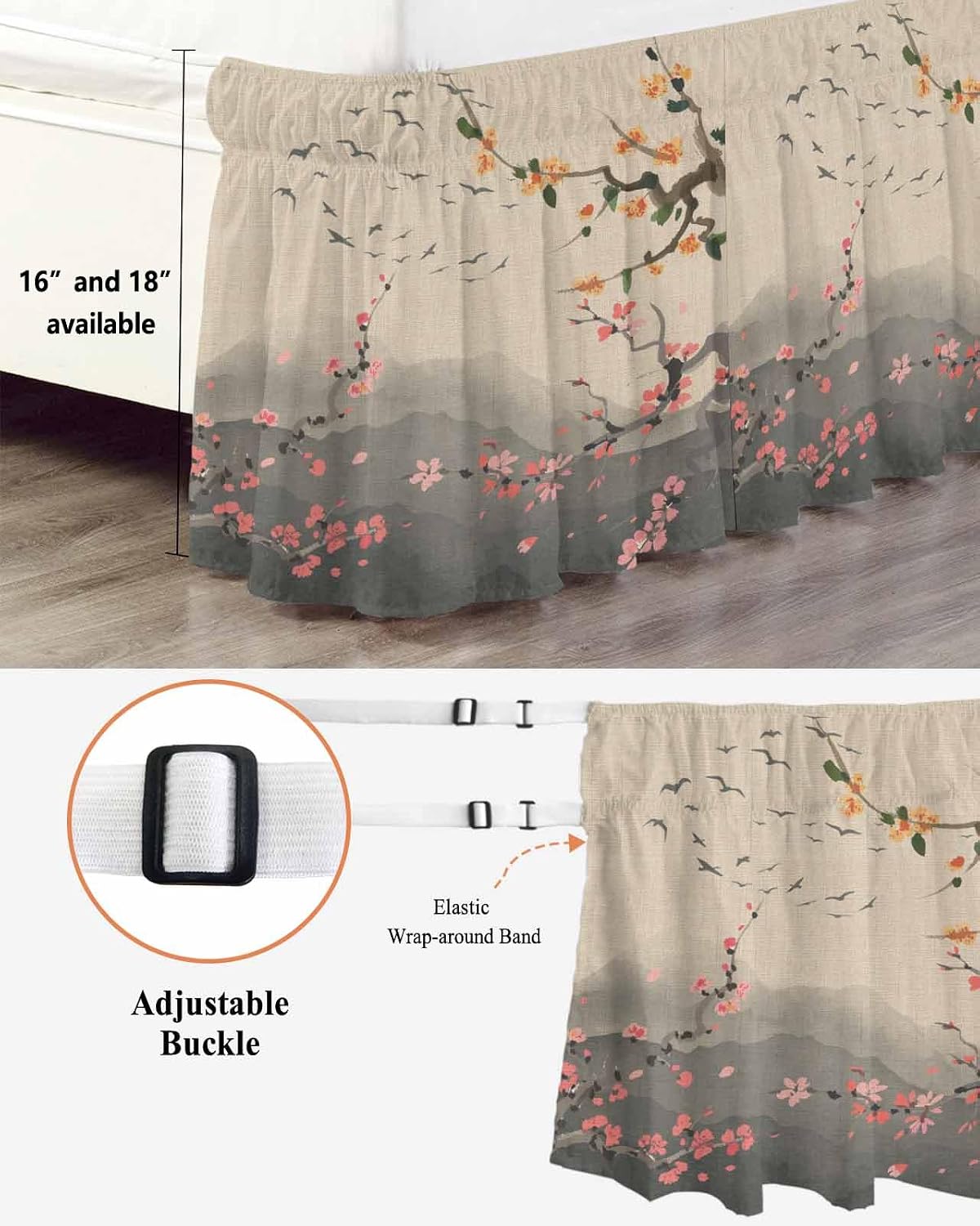 Chinese Ink Painting Bed Skirt Queen Size 16 Inch Drop, Wrap Around Bed Skirts, Pink Peach Blossom Branches Elastic Bedskirt Pleated Bed Frame Cover Luxurious Dust Ruffle for Queen Bed