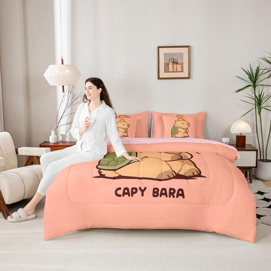 Manfei Cartoon Capybara Comforter Set 7 Pcs Turtle Shell Kawaii Kids Bed Set Lazy Cute Animal Bedding Twin with Comforter,Fitted Sheet,Flat Sheet,Pillowcases,Pillow Covers Twin Peach Pink