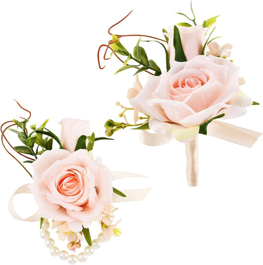 Artificial Rose Corsage & Wrist Corsage Set, Rose Wrist Flower Wristlet Bracelet Groom Best Man Boutonniere, for Prom Suit Decorations Wedding Party Flower Accessories(Color:Pink)