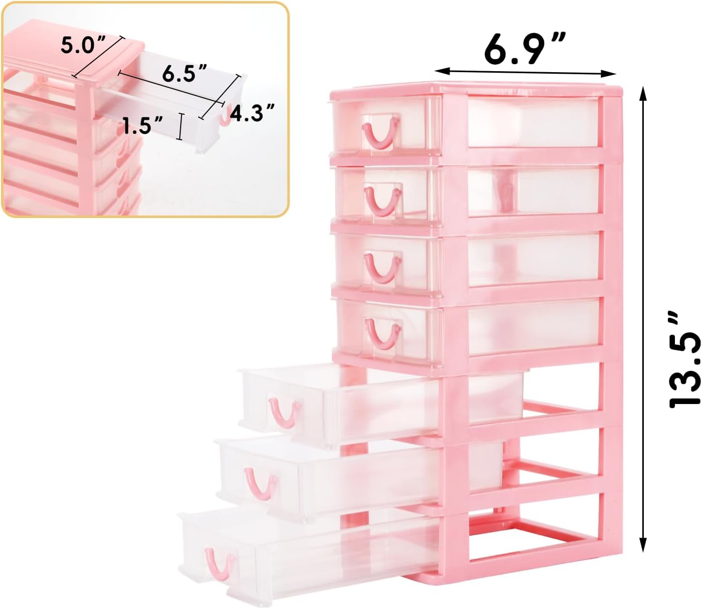 Rempry Mini Plastic Organizer with 7 Clear Drawers, 7.1"x5.1"x13.2" Small Storage Drawers Containers for Desk, Counters, Cabinets, Pink
