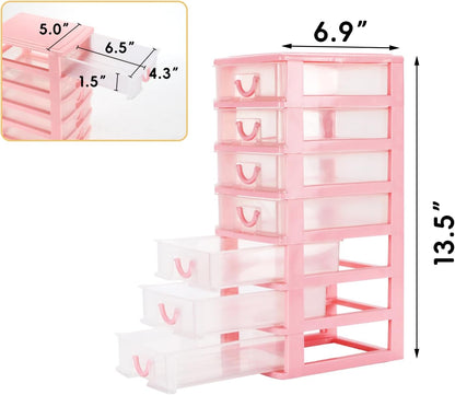 Rempry Mini Plastic Organizer with 7 Clear Drawers, 7.1"x5.1"x13.2" Small Storage Drawers Containers for Desk, Counters, Cabinets, Pink
