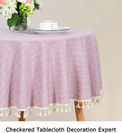 ShinyBeauty Round Cotton Linen Tablecloth - Wrinkle Free, Dust-Proof, Washable Buffalo Check Table Linen with Pink Embroidery Tassel - 55" for Home Kitchen Tables