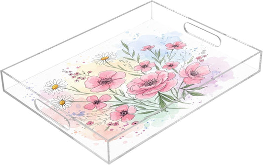 Watercolor Flowers Pink Serving Tray 12" x 16" Acrylic Trays with Handles Decorative Serving Platter for Coffee, Breakfast in Bed, Dinner, Appetizers, Patio, Party
