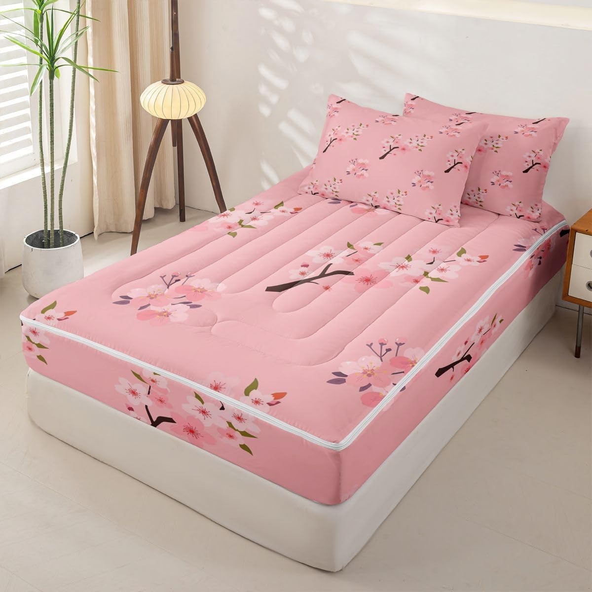 Erosebridal Floral Zipper Bedding Set Twin Cherry Blossom Zip Up Comforter Set with Sheets Peach Blossoms Branches Hand Drawn Bed in a Bag Cute Girly Pink Flowers Bed Sets with 2 Pillowcases