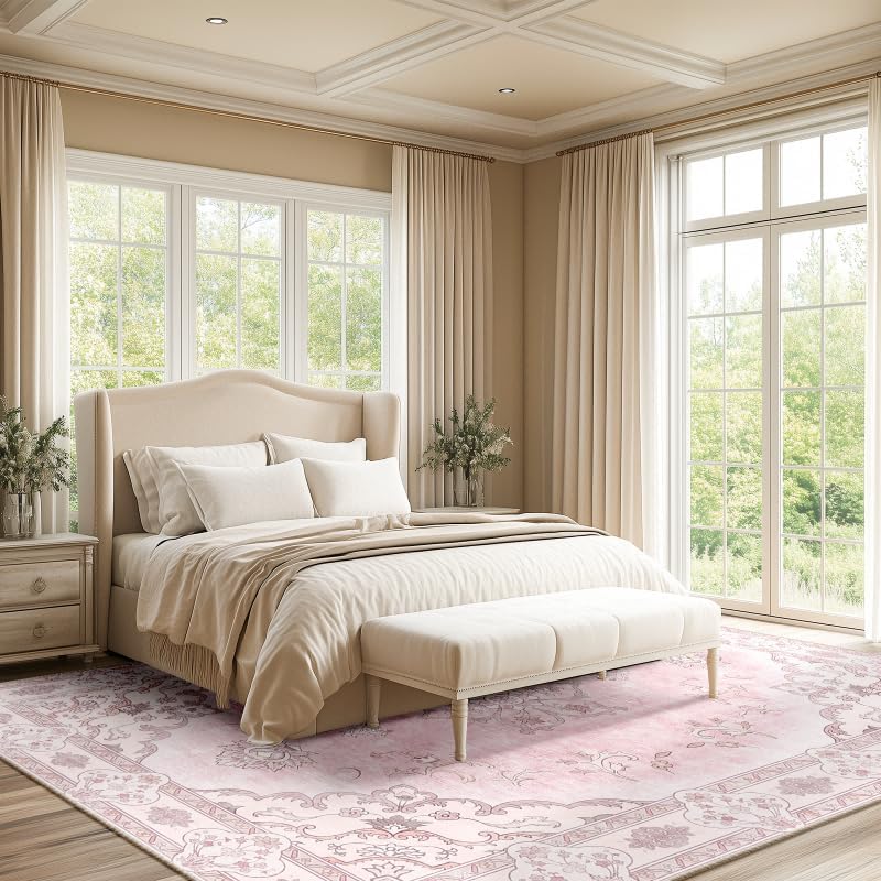 Rug 9x12 with Vintage Floral Printed Pattern Machine Washable Non-Slip Rugs for Living Room and Bedroom Peach Pink