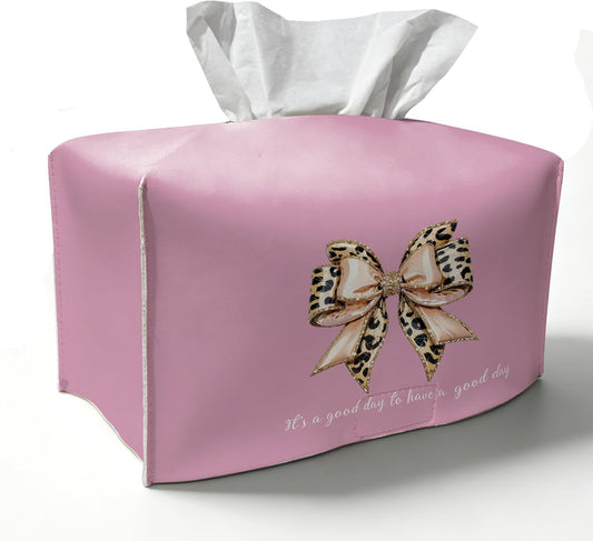 Pink Bow Tissue Box Cover Rectangle,Leopard Bow Long Tissue Box Holder,Cute Preppy Whimsical Decorative Facial Tissue Case for Living Room Bathroom Bedroom Vanity,9.5x4.7x4.7In