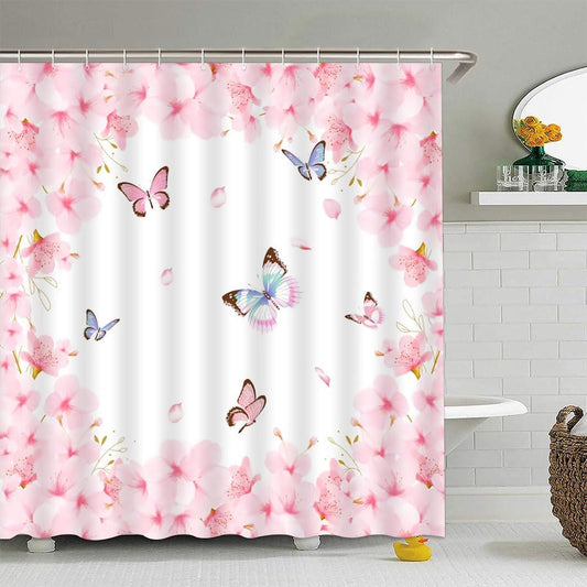 Spring Pink Floral Shower Curtain Cherry Blossoms Butterfly Asian Elegant Flower Valentine's Day Women Girl Charming Romantic Petal Bathroom Curtain Set Polyester Fabric Hooks 70 X 70 Inch