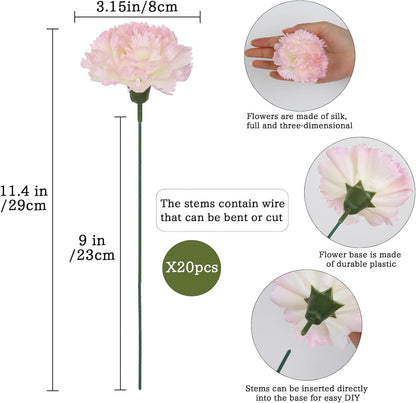 20PCS Pink Carnations Artificial Flowers with Stems, 3.15in Silk Carnations Heads Fake Flowers in Bulk for Home Weddings Table Centerpiece DIY Crafts Parties Décor(Light Pink)