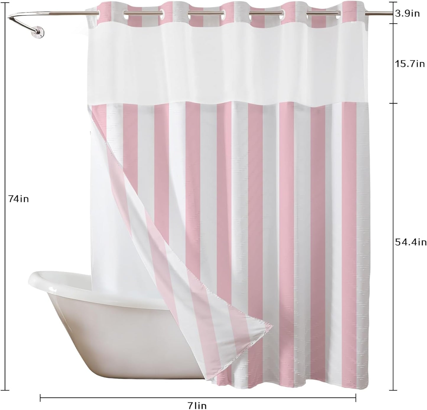 LB No Hook Shower Curtain with Snap in Liner Pink and White Striped Shower Curtain for Bathroom Vertical Stripe Geometric Bathroom Curtains Shower Set, 72x74 inches Shower Curtains and Liner Set