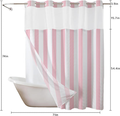 LB No Hook Shower Curtain with Snap in Liner Pink and White Striped Shower Curtain for Bathroom Vertical Stripe Geometric Bathroom Curtains Shower Set, 72x74 inches Shower Curtains and Liner Set