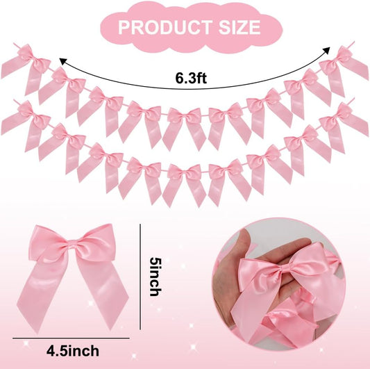 2 Strings of 18pcs Peach Pink Bow Garlands Banner Decoration,Pre-Strung Satin Ribbon for Girl Birthday Anniversary Bridal/Baby Shower Wedding Bachelorette Party Graduation Party Supplies