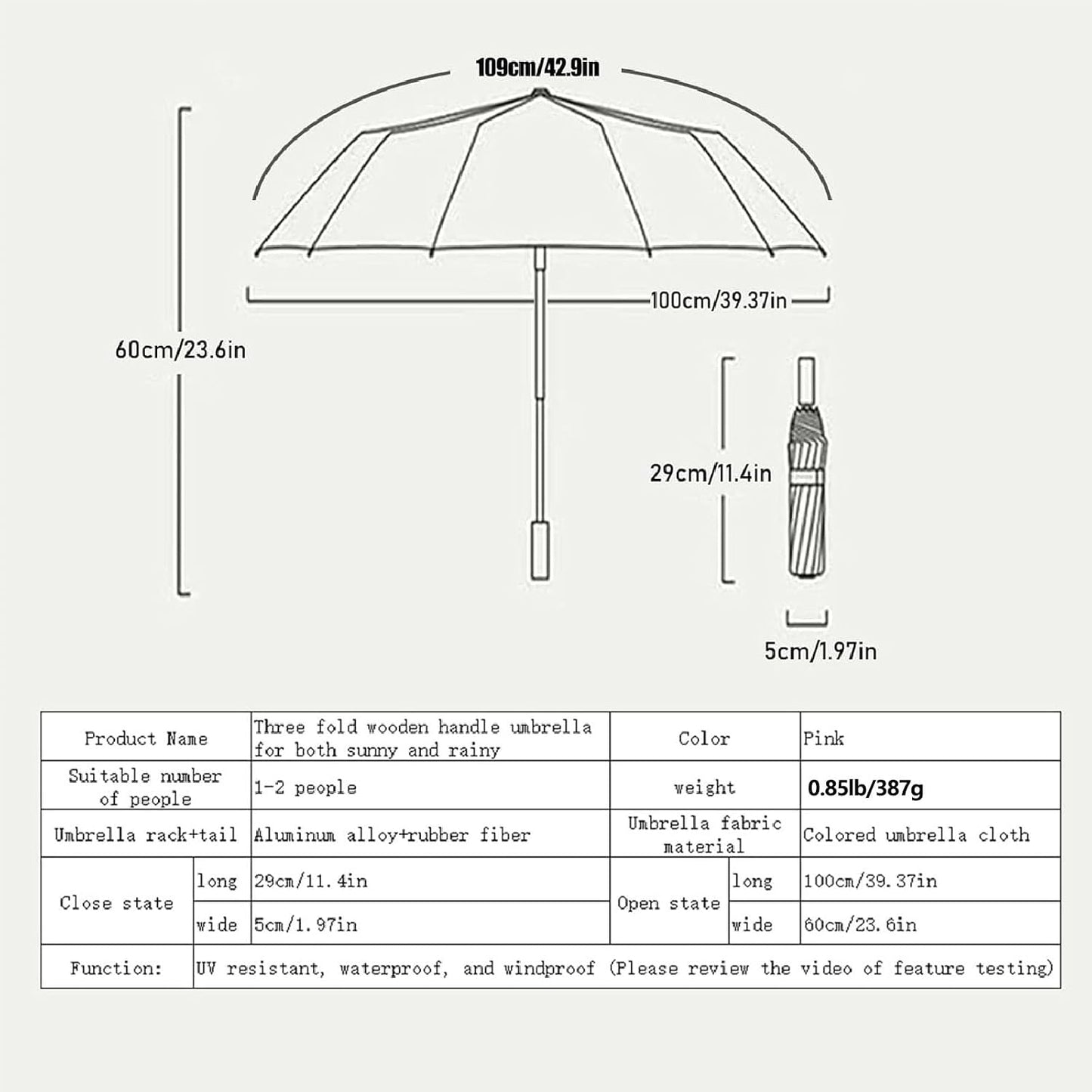 Compact Umbrellas For Rain and Sun UPF 50+ UV Protection Travel Size Windproof waterproofing and Strong Travel Essentials for Men Women 16 Ribs Wooden Handle Pink Backpacks Car Birthday Gifts For Women Lightweight 0.85LB