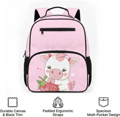 COEQINE Personalized Backpack with Lunch Box Kids Girls Cow Pink Strawberry Cute Bag for School Preschool Elementary Front Zip Pocket Holder Snacks Lightweight Bookbag Diaper Bag,13In