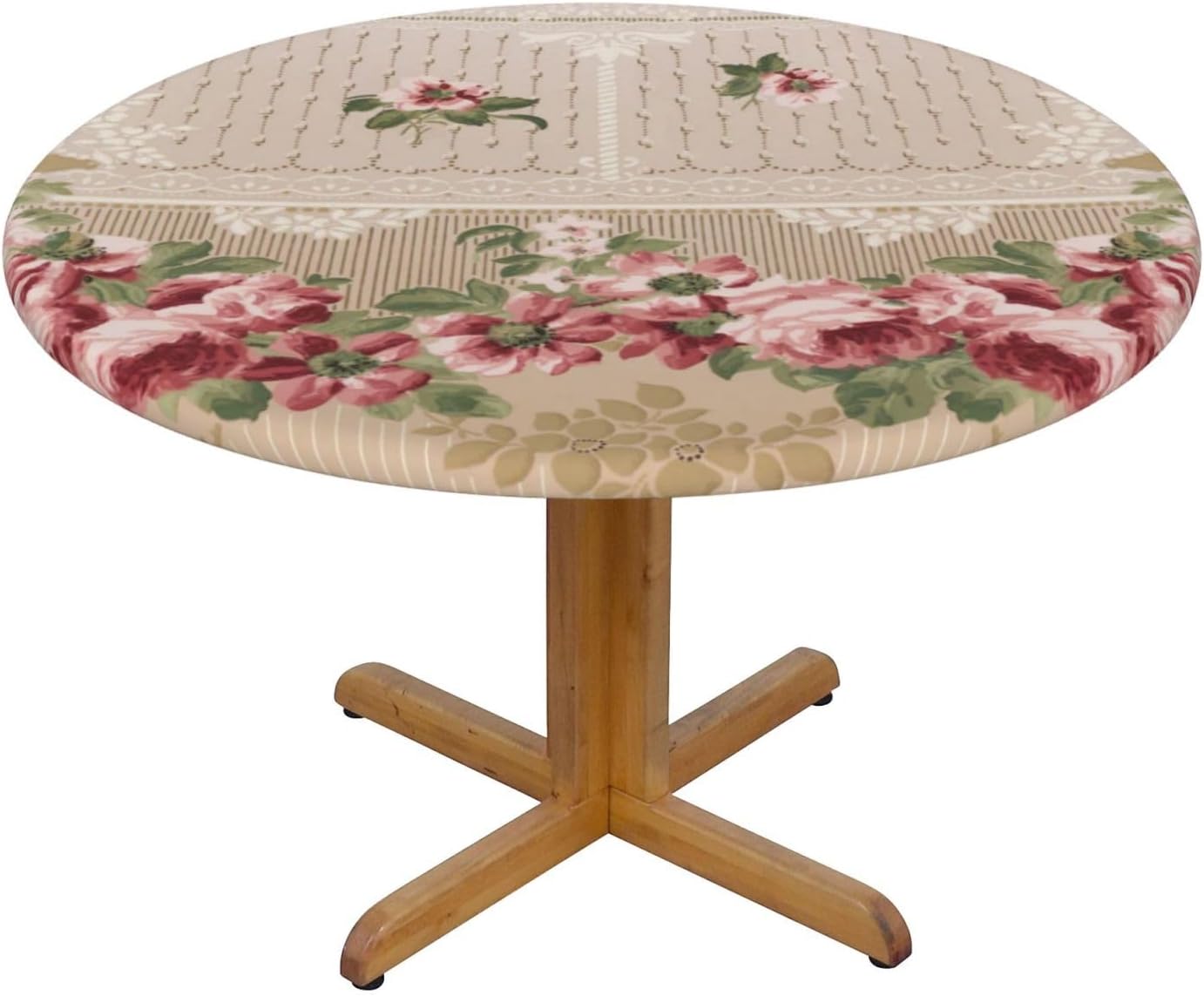Romantic Victorian Pink Floral Round Table Cloth Waterproof Elastic Fitted Tablecloths for Dining Camping Outdoor 39.4 Inch