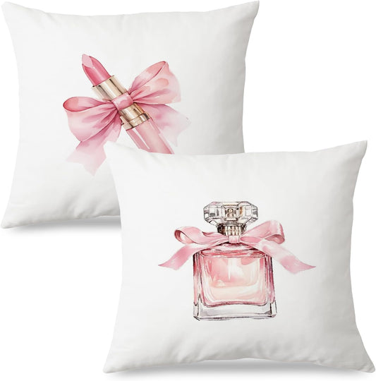 JINYO Coquette Pink Bow Lipstick Perfume Pillow Covers 18x18 Inch Set of 2, Preppy Girly Pink Throw Pillow Cases Decorative for Girls Room Bedroom Home