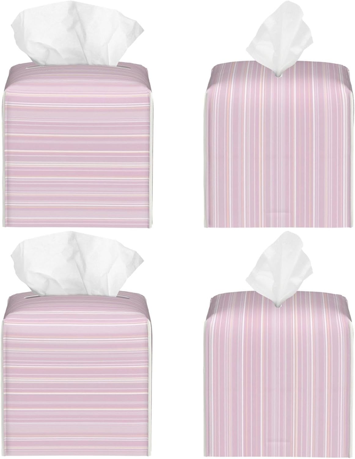 Pastel Light Pink Thin Stripes Pattern Tissue Box Cover Square Pu Leather Waterproof Tissue Box Holder for Car Bathroom Bedroom Office Tabletop Decor